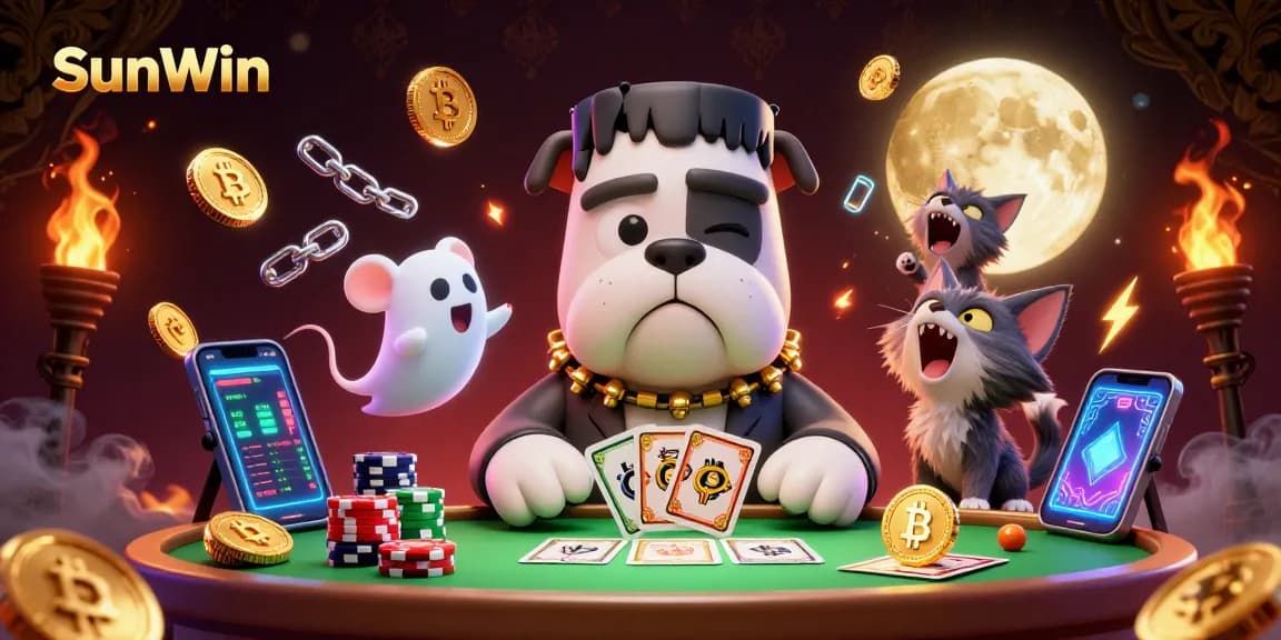 Experience winning at SunWin with a cartoon bulldog dealer and ghostly mouse at a vibrant casino table.