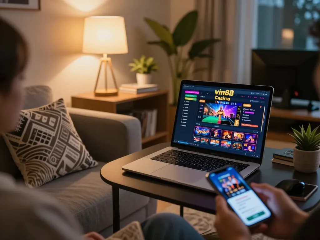 Engaging with vin88 online casino interface on a sleek laptop for strategic gameplay.