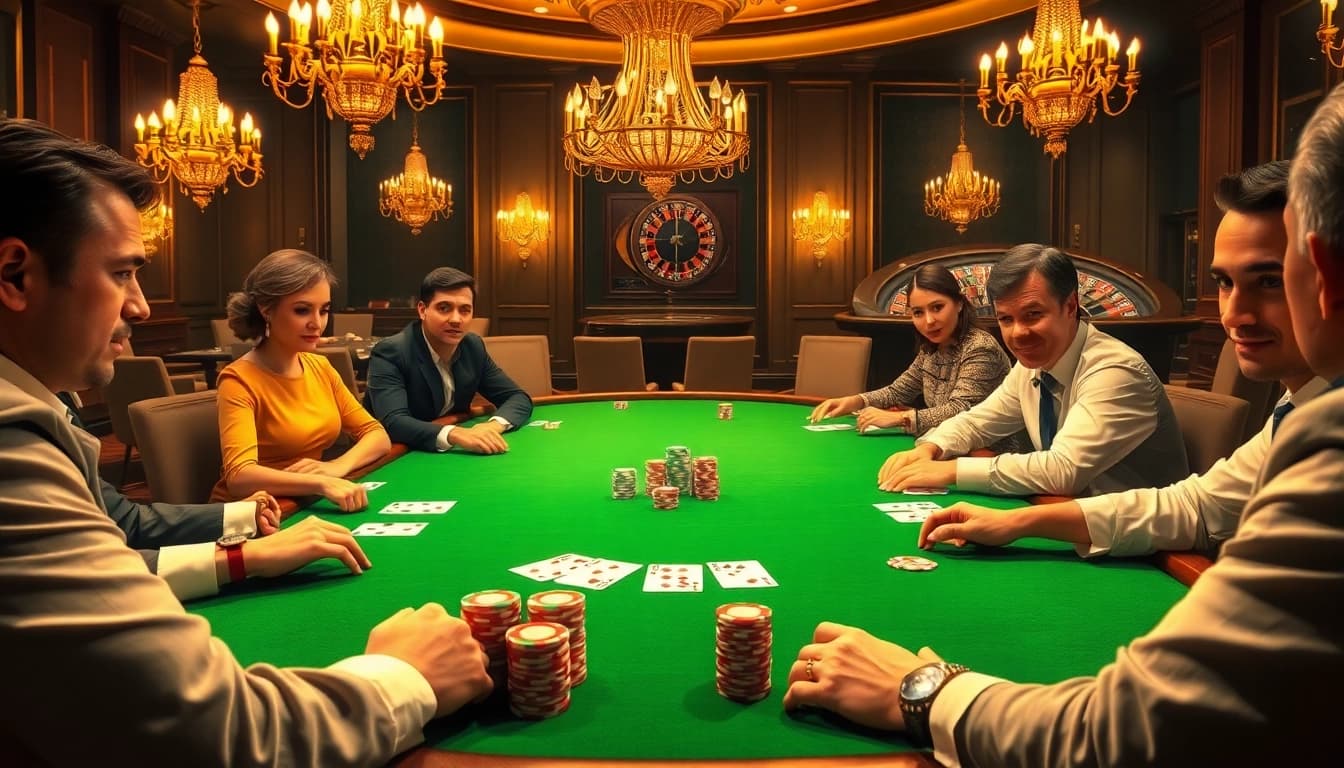 B52 casino scene featuring an intense poker game with vibrant poker chips and elegant decor.