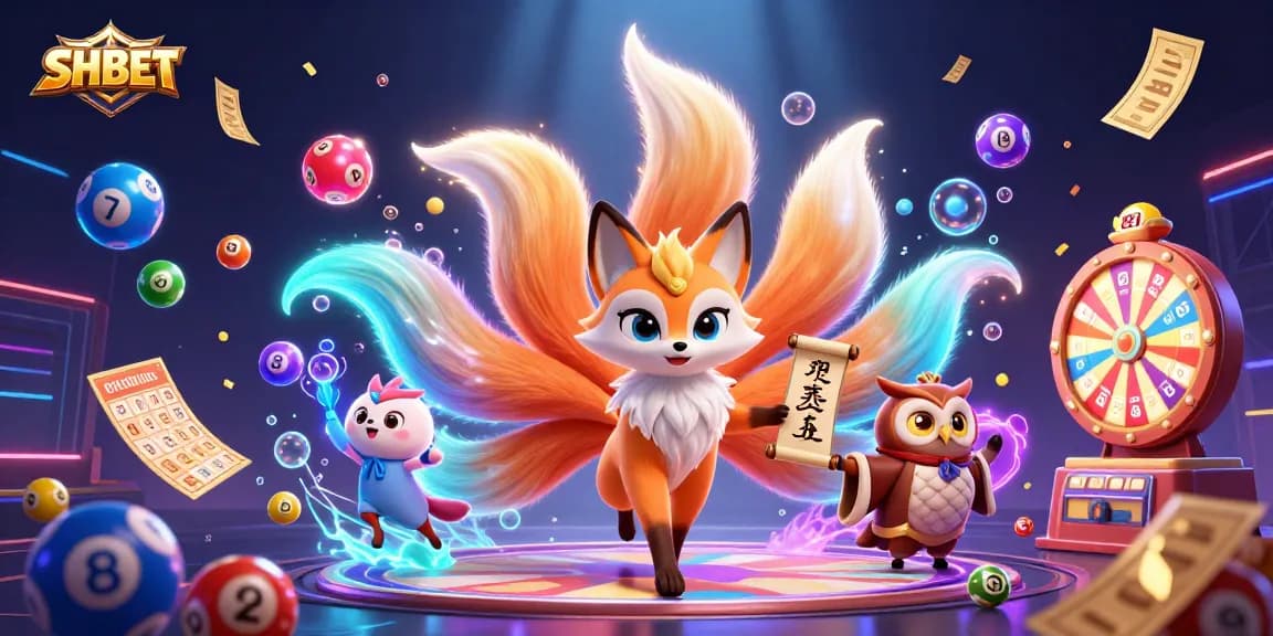 SHBET players enjoy a vibrant casino atmosphere featuring a nine-tailed fox, wise owl, and lively game elements.