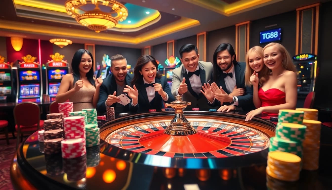 Experience the excitement of playing at tg88 casino with vibrant chips and a roulette table.