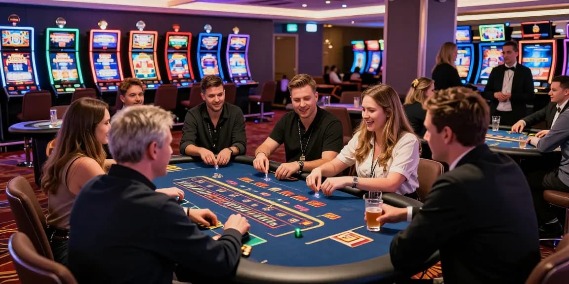 Exciting atmosphere at a non UK casino with players enjoying live dealer games and vibrant slot machines.