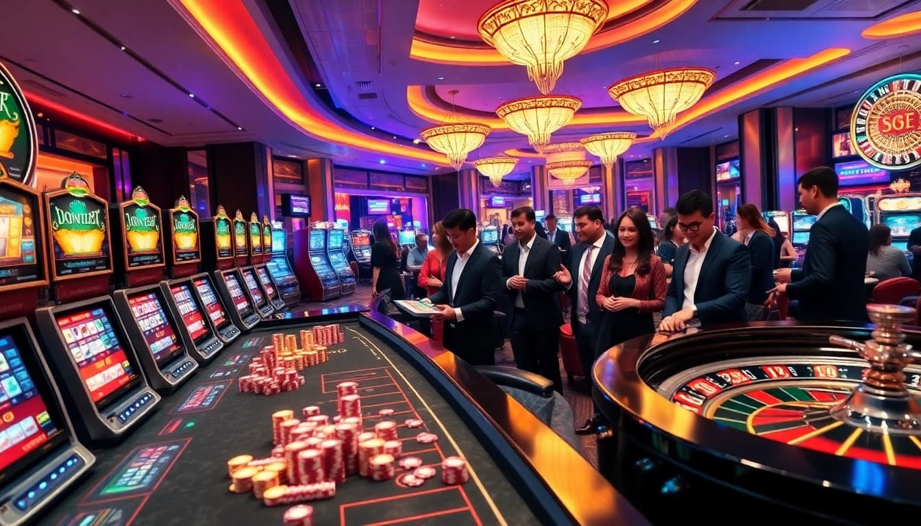 Experience thrilling moments at luongsontv with people enjoying poker and roulette in a vibrant casino setting.