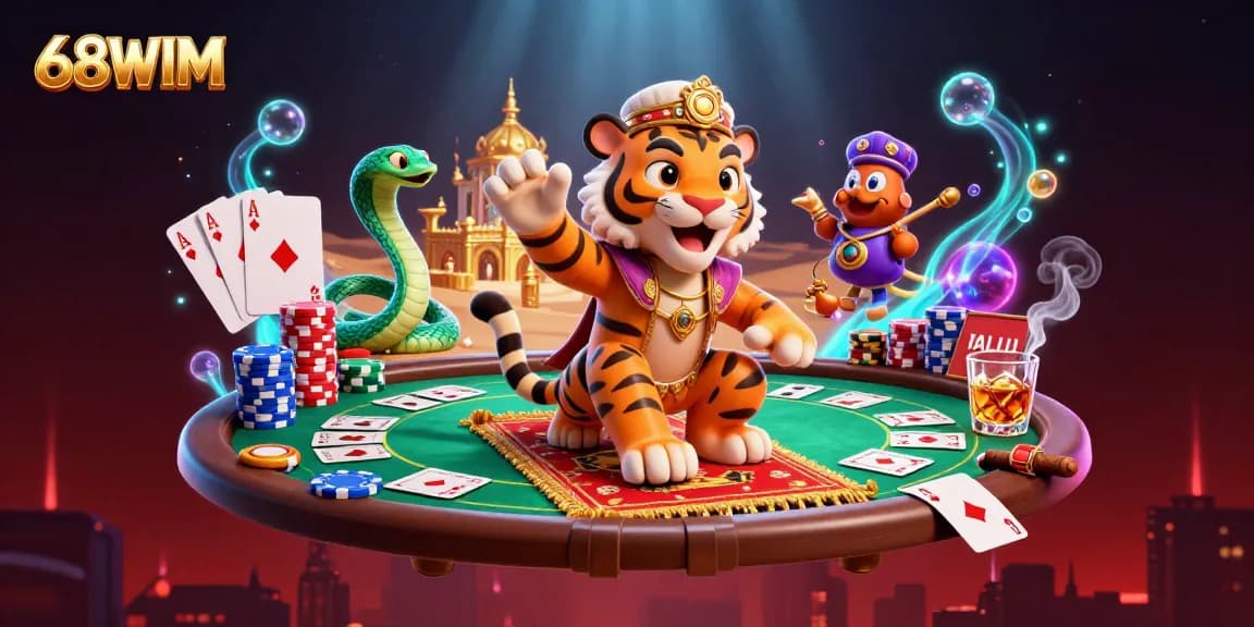 Engage in thrilling games at 68WIM with a vibrant casino scene featuring the tiger sultan and genie snake.