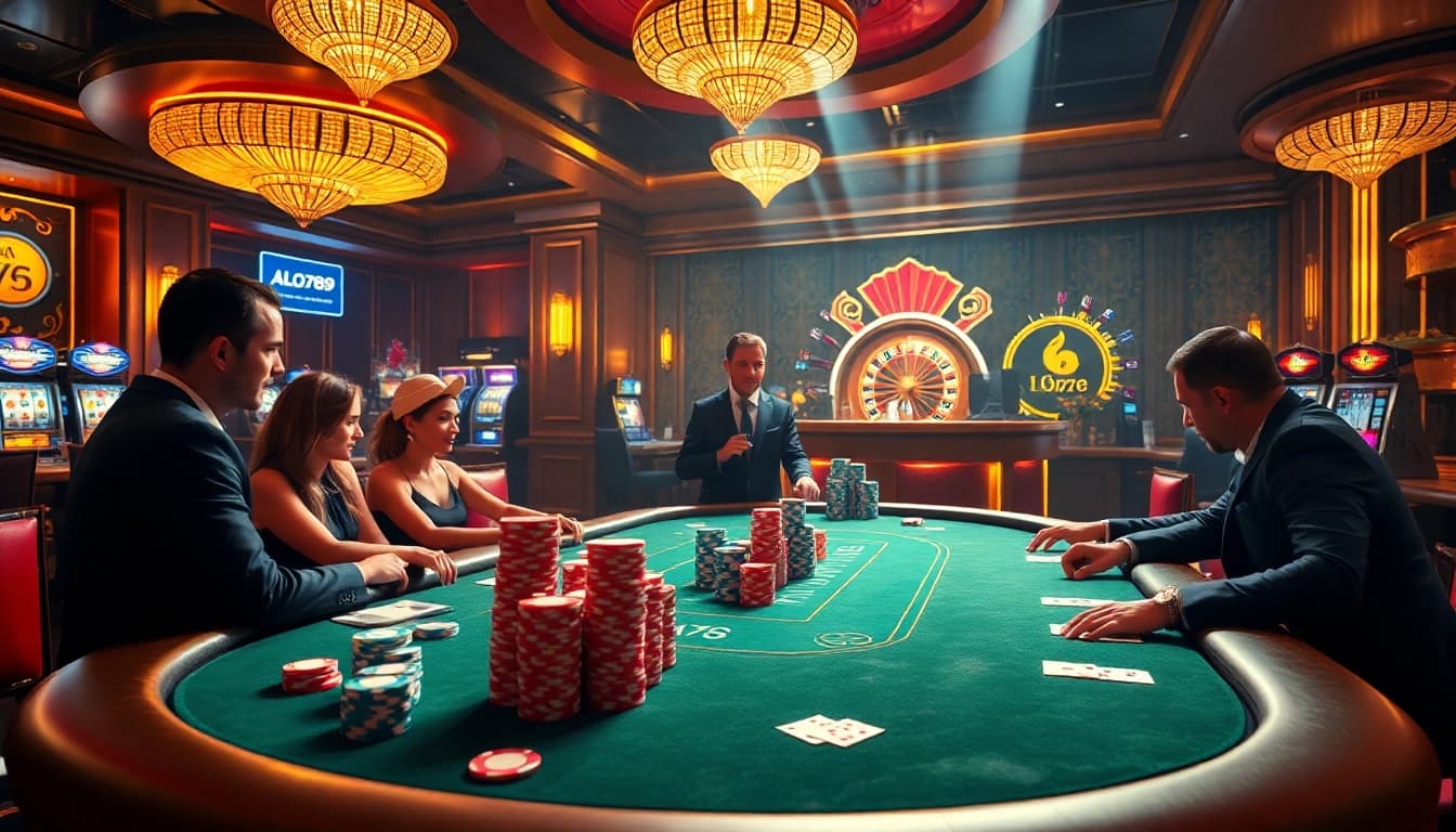 Alo789's vibrant poker scene with players, colorful chips, and a roulette wheel for an exciting gambling experience.