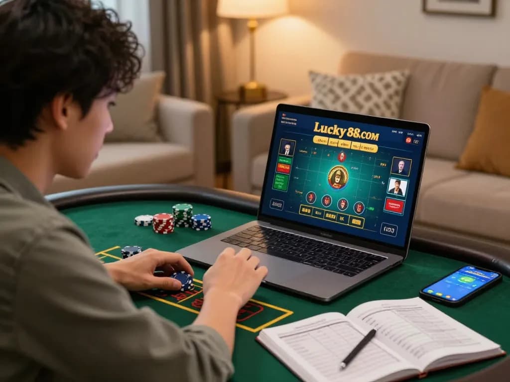 Engaging gameplay on lucky88 with a player using a laptop for live dealer betting.