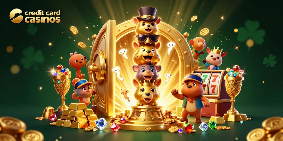 Unleash thrilling action at credit card casinos with vibrant animated characters and golden treasures.