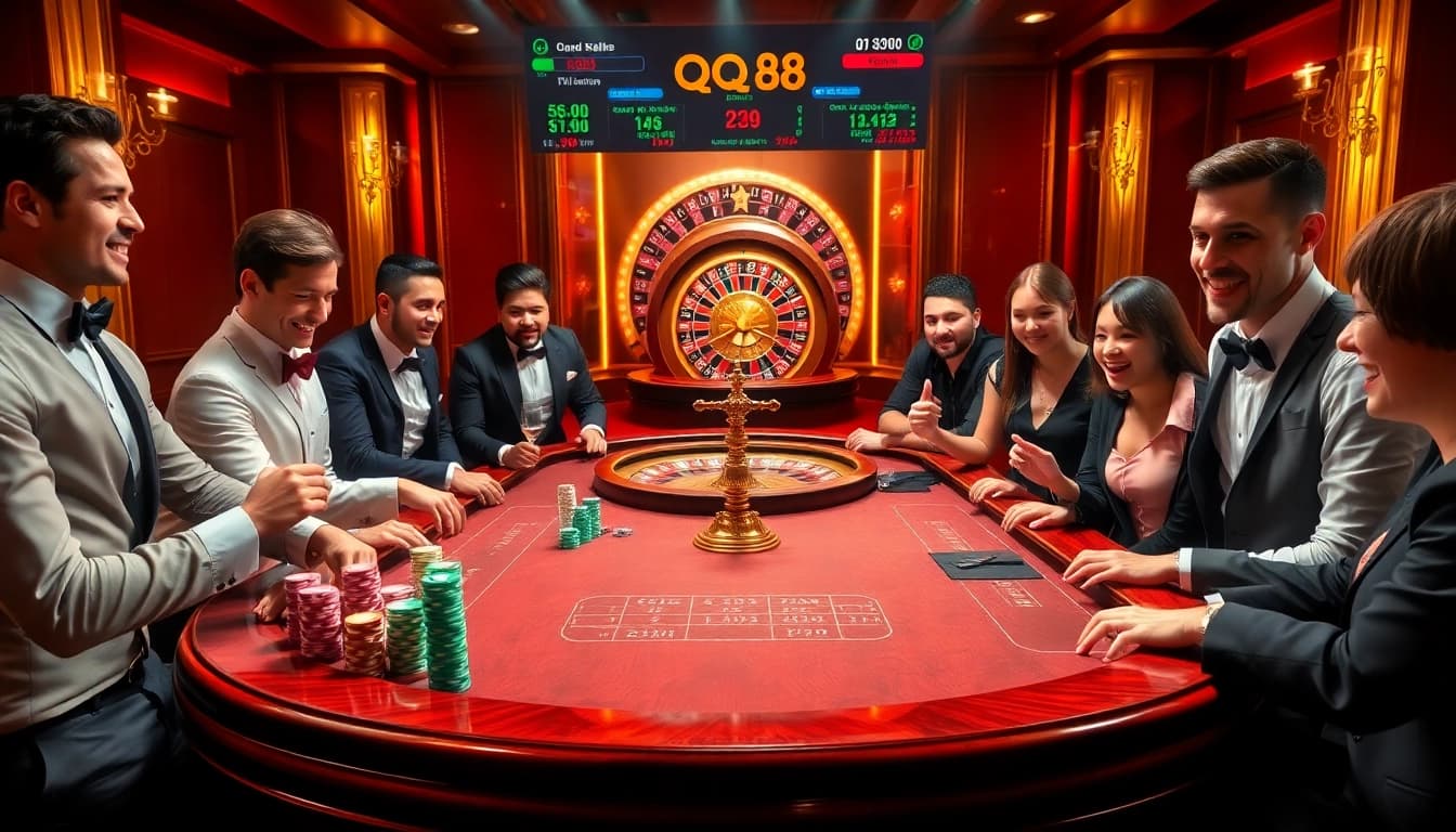 Players thrillingly engage at the casino table while checking the QQ88 link for gaming updates and rewards.