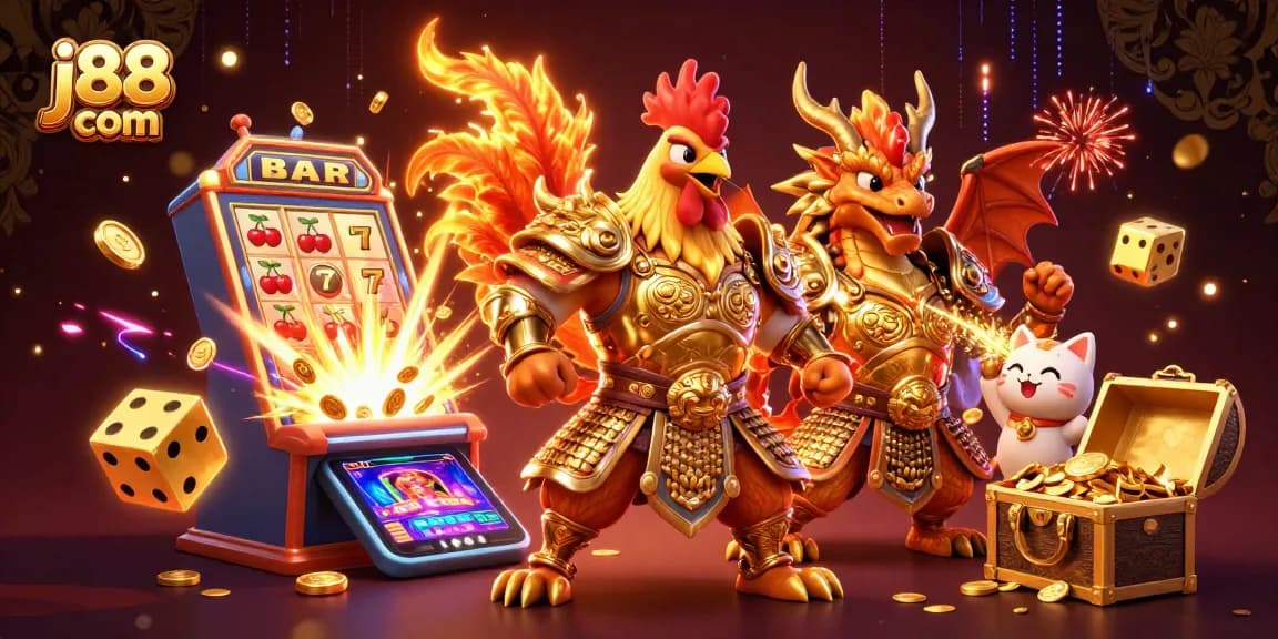 Experience the excitement at j88 com with a vibrant casino scene featuring thrilling action, vibrant colors, and iconic game symbols.