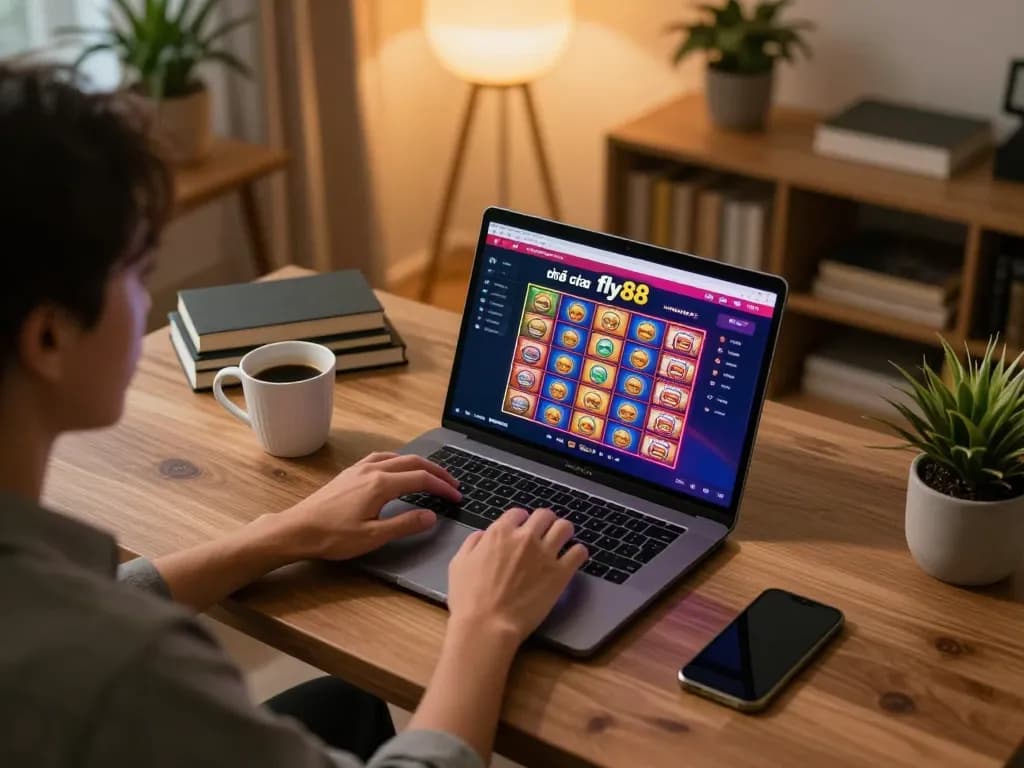 Engaged player exploring nhà cái fly88 online casino on laptop in a comfortable home office.