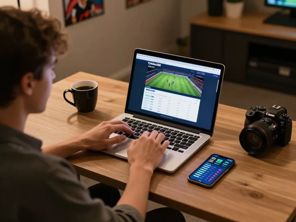 Engaged user analyzing odds on tylekeo360's platform in a cozy home betting setup.