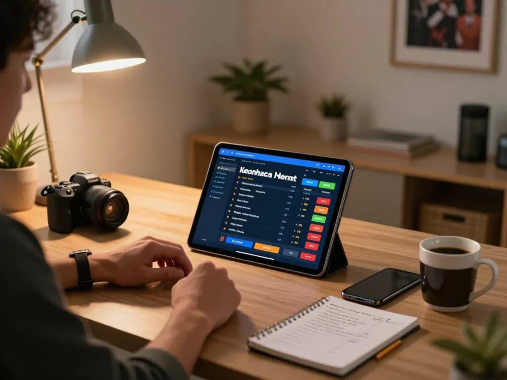 Engaging in online sports betting with keonhacai app on a tablet in a modern home office.