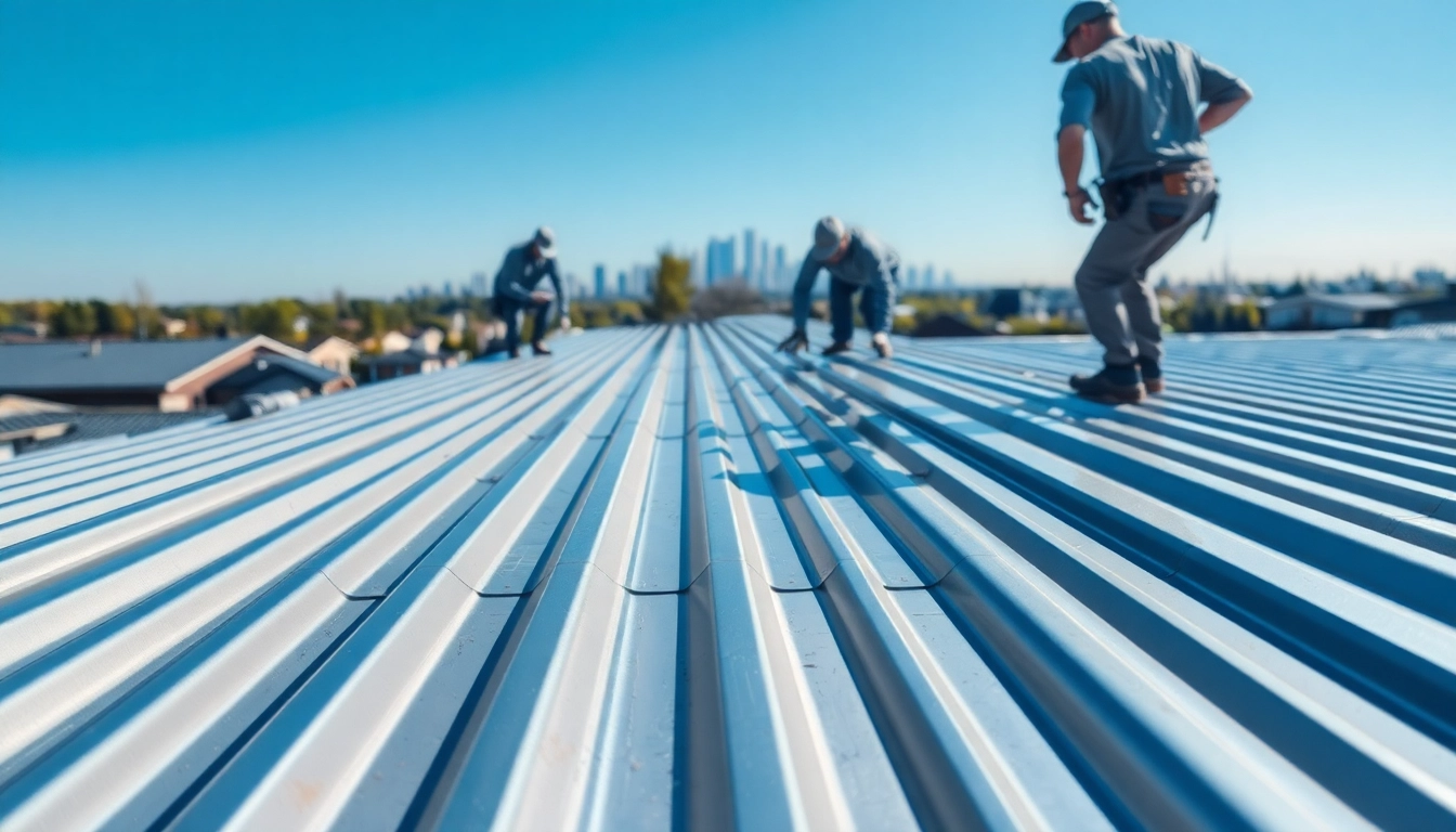 Workers installing metal roofing toronto in a suburban setting, showcasing quality and craftsmanship.