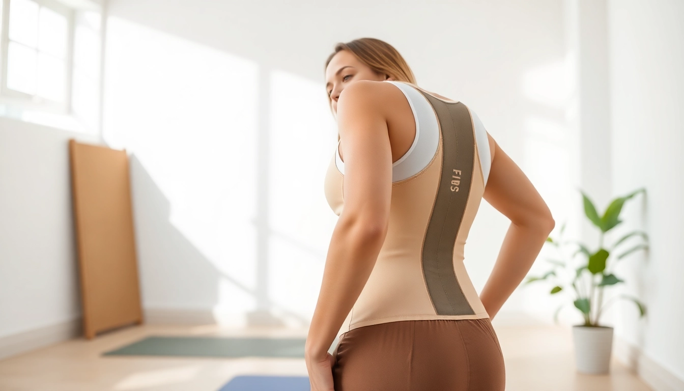 Model demonstrating a posture garment, showcasing excellent posture and comfort in a bright studio.