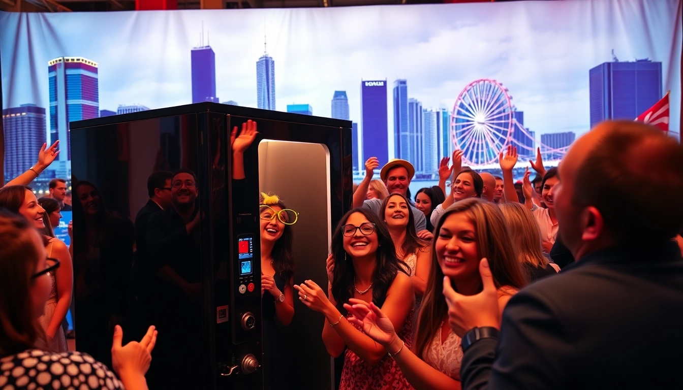 Enjoying a photo booth rental chicago experience at a vibrant city event.