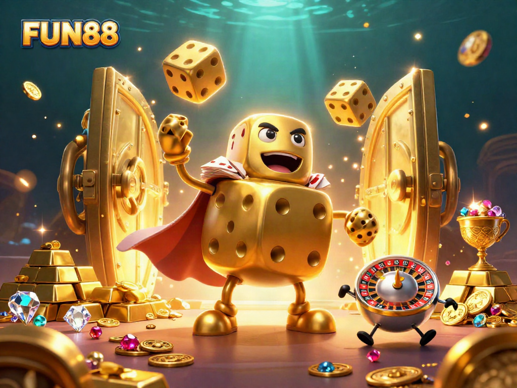 Join the FUN88 gaming experience with lively golden dice and dazzling treasures in this vibrant illustration.