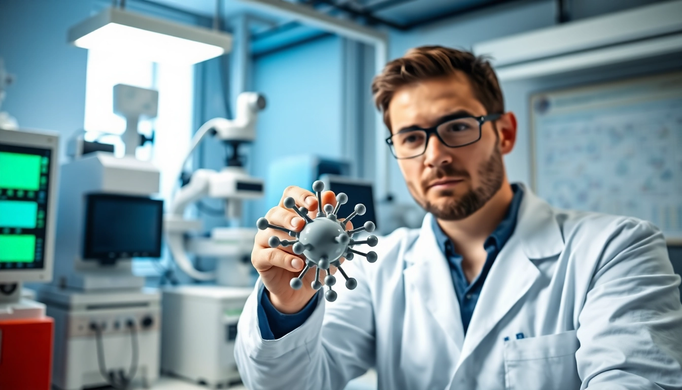 Researcher analyzing Tirzepatide molecular model in a high-tech laboratory setting.