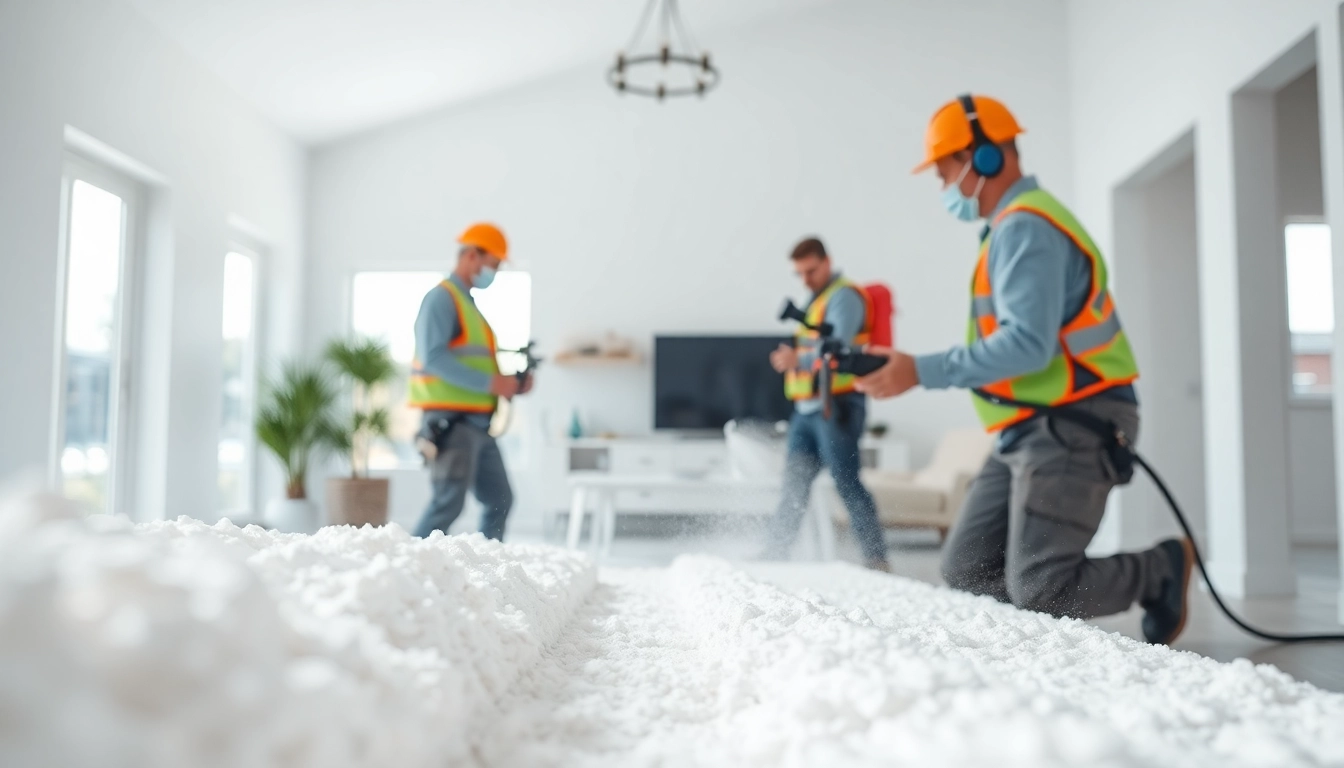 Technicians conducting professional spray foam removal in a modern interior with safety equipment.