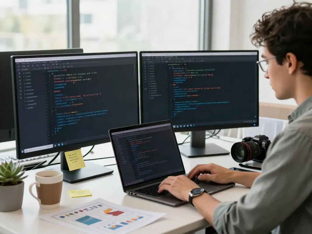 Developer coding an instant indexing API in a modern tech workspace