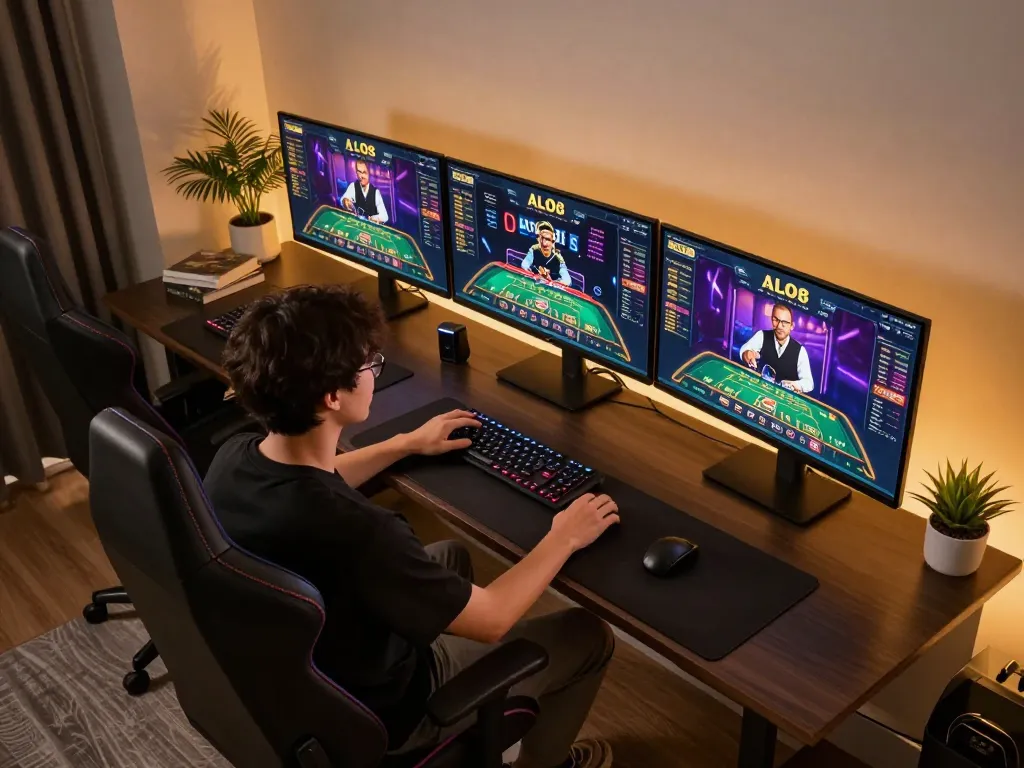 Player engaging in ALO8 online casino on multiple screens, showcasing a modern gaming setup.