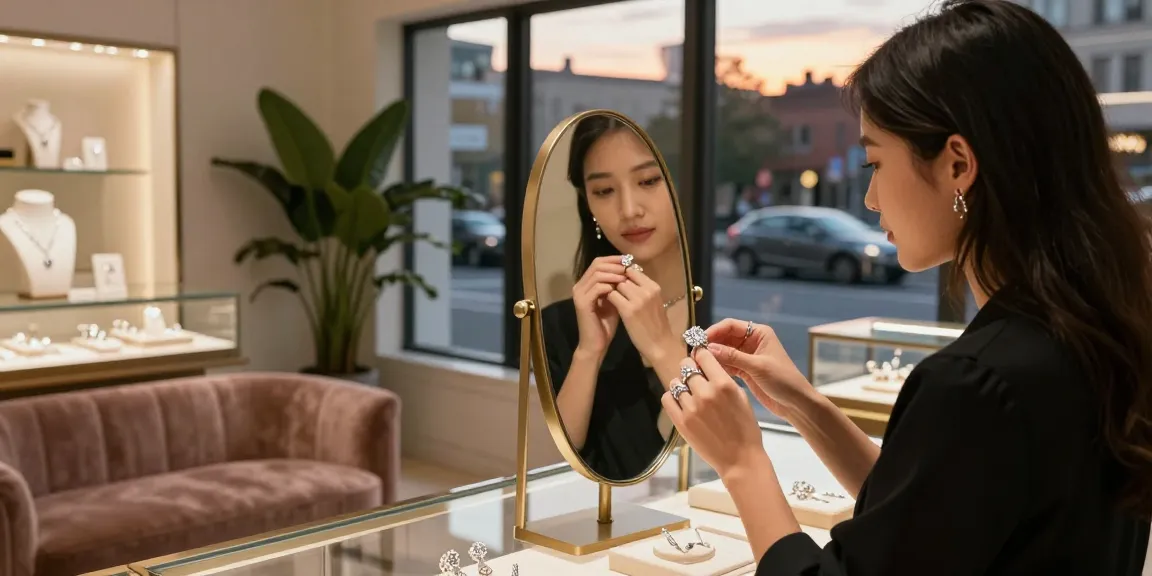 Woman admiring a lab grown diamond ring in a chic London jewelry boutique, highlighting elegance and sustainable luxury.