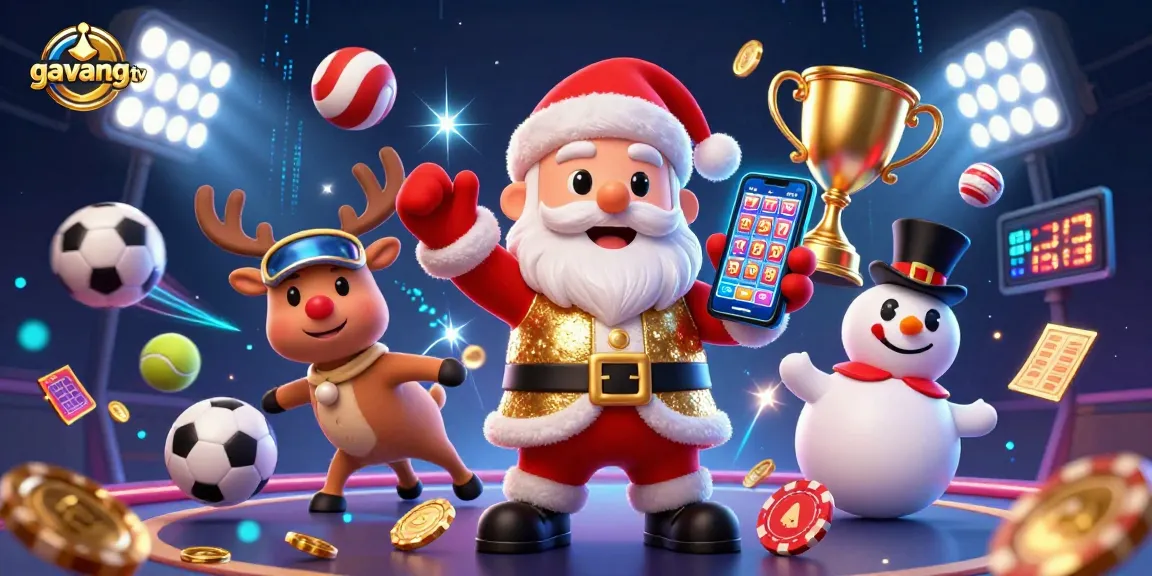 Experience the excitement of gambling with gavangtv in a dynamic casino scene, featuring Santa and friends.