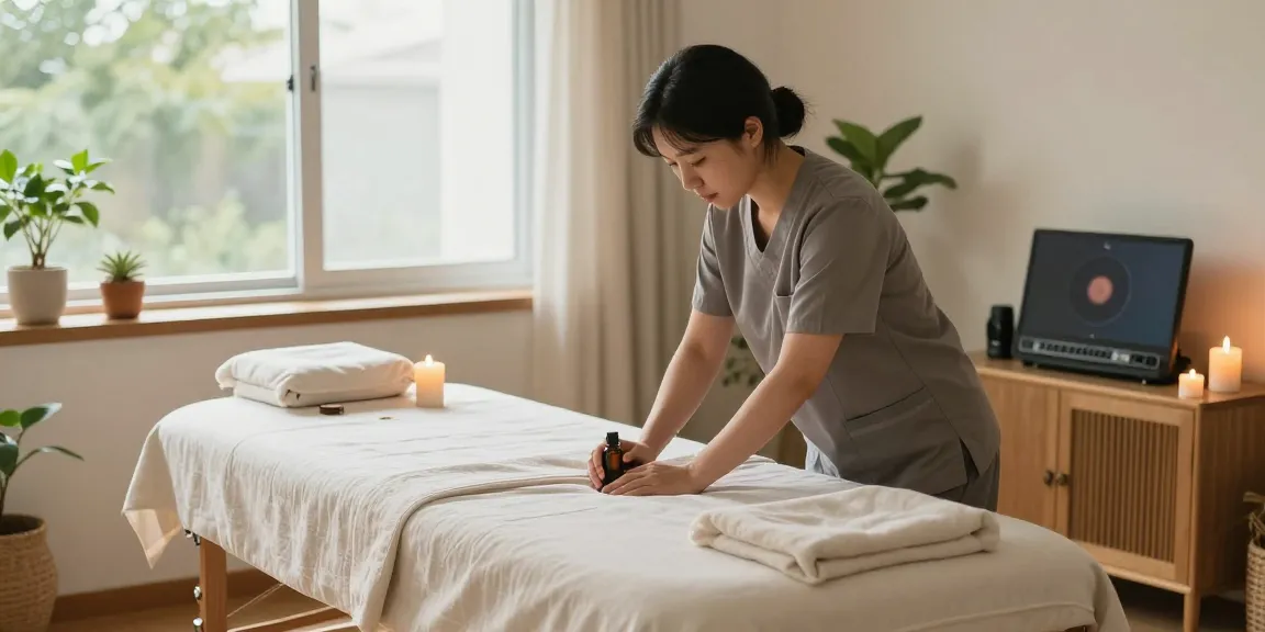 Peaceful massage therapy environment highlighting 부평출장마사지 with essential oils and tranquil decor.
