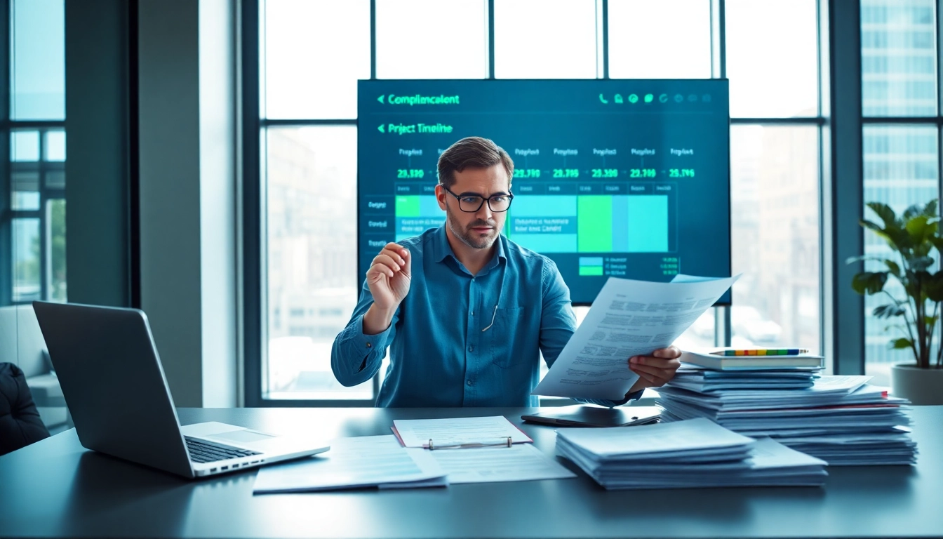 Assessing pre-post award compliance in a professional office, highlighting diligence and focus.