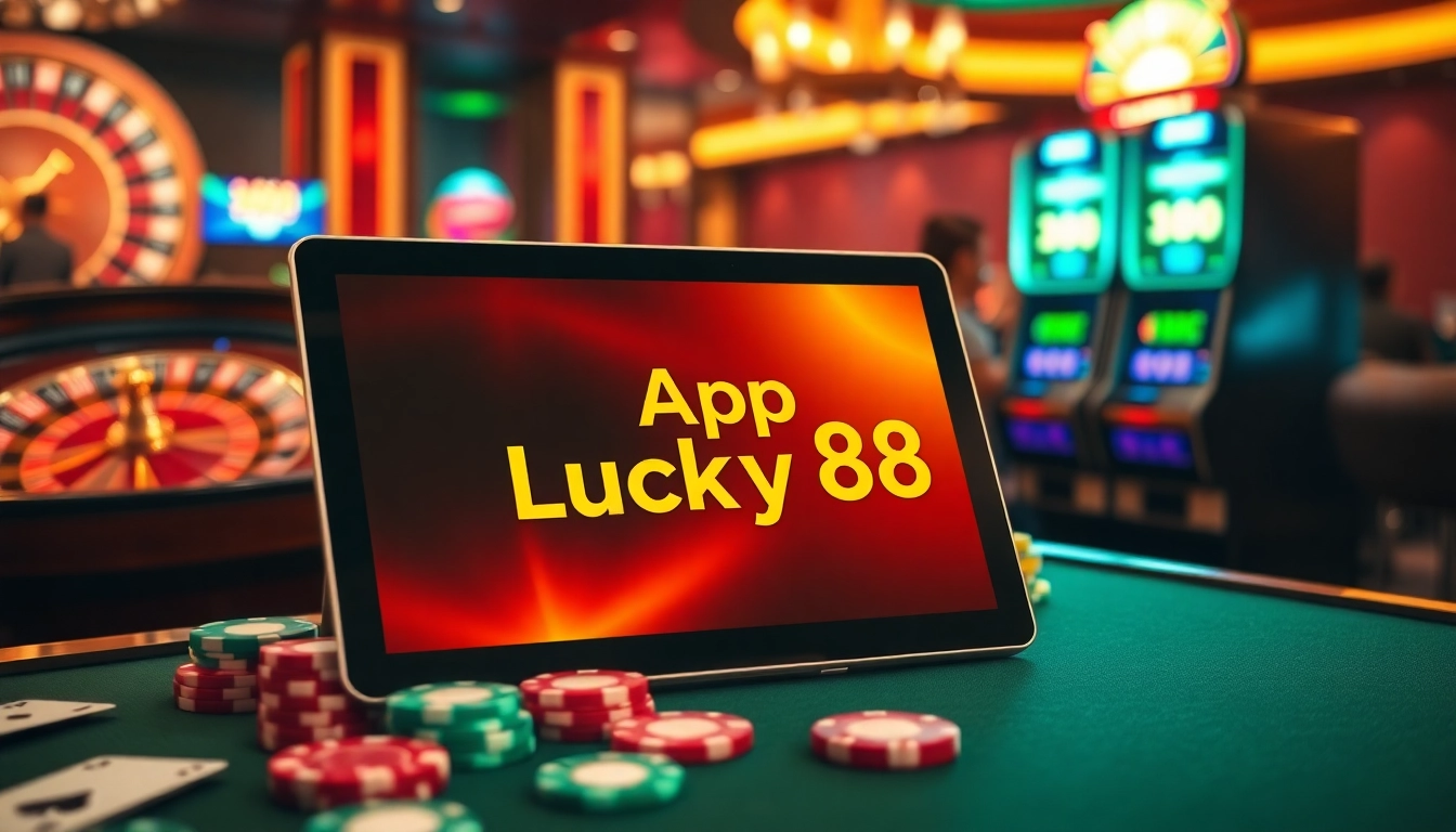 Experience the App Lucky88 interface amidst vibrant casino gaming elements, highlighting excitement and professionalism.
