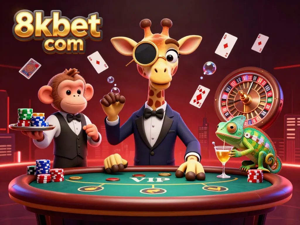Join the excitement at 8xbet com with a vibrant poker scene featuring a giraffe and more.