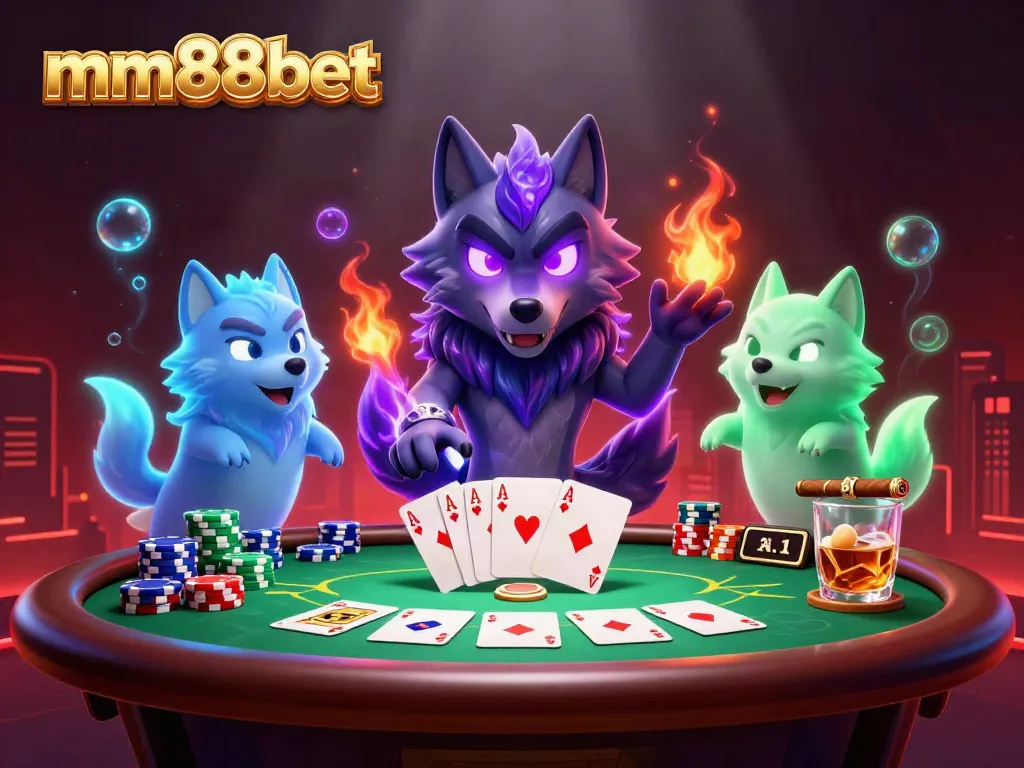 Engage in thrilling poker action with mm88bet's captivating casino scene featuring ghostly wolves.