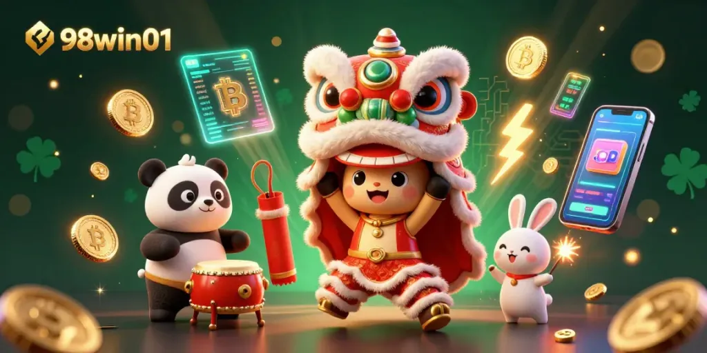 Engage with the vibrant scene at 98win01 featuring captivating lion dance characters amidst crypto coins and magical elements.