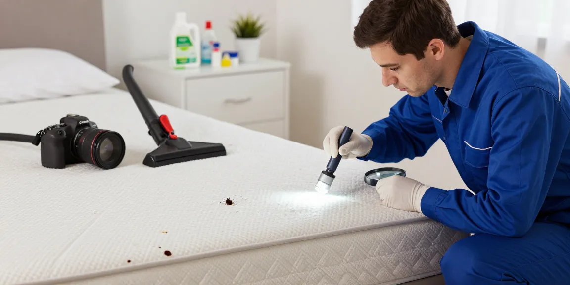 Professional examining a mattress for effective bed bug removal in a cozy bedroom setting.