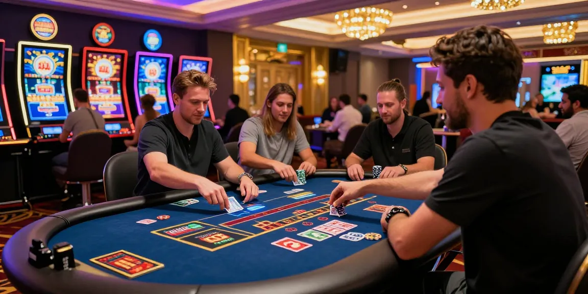 Excited players at a credit card casino, vibrant atmosphere, colorful games, and engaging gaming experience.