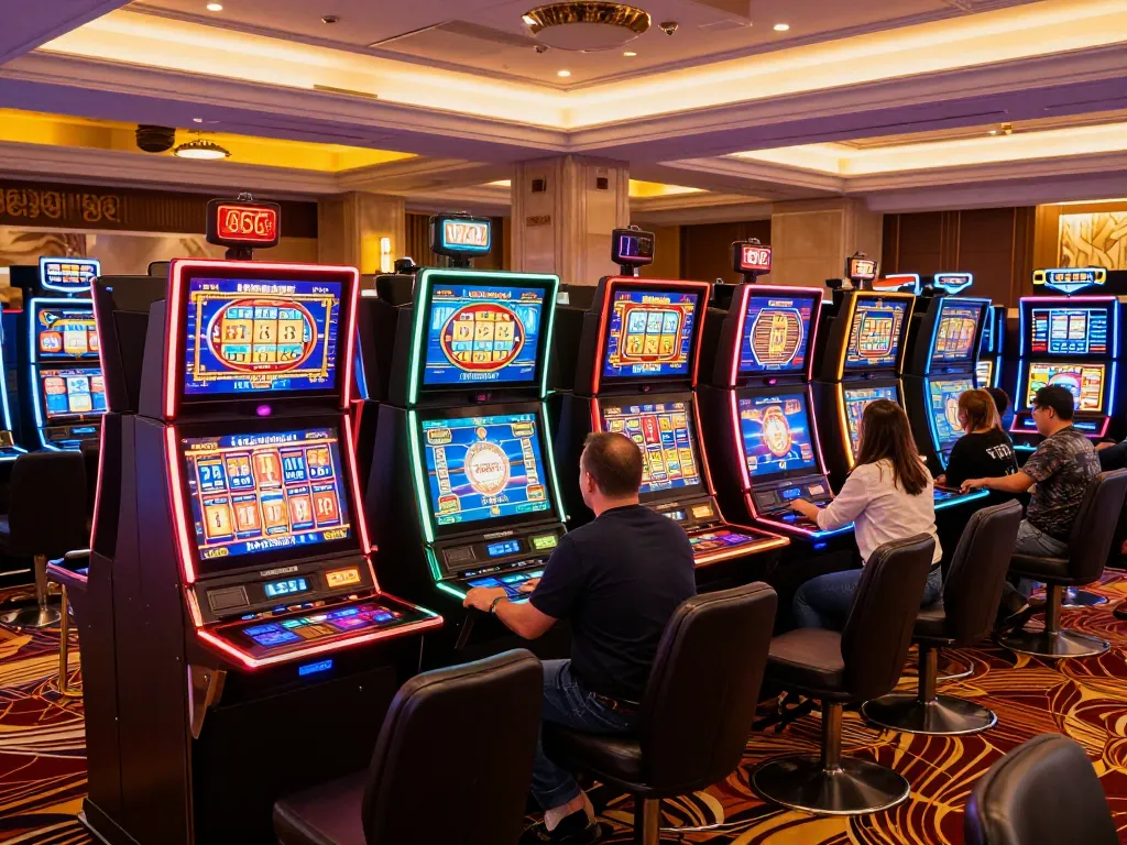 Players enjoying vibrant slot machines at win678 com casino, illuminated jackpot displays enhancing excitement.