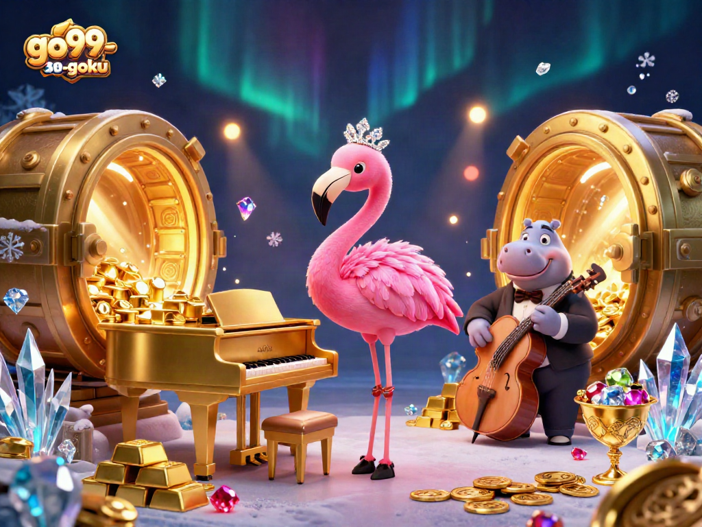 Experience the vibrant fun of go99-goku with a lively casino scene featuring animated characters and a treasure vault.