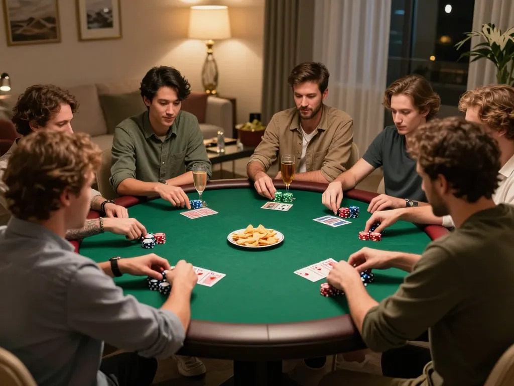 Players enjoy a lively poker game at home, focusing on strategy with the keyword 789win1.