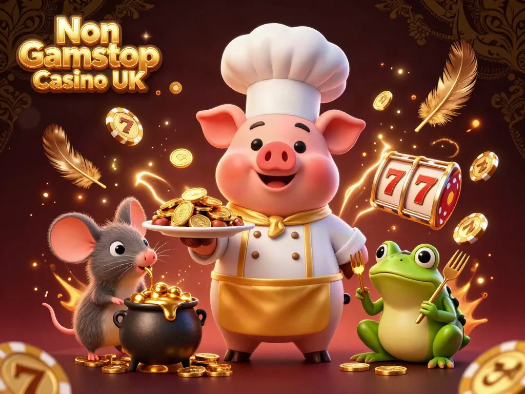 Experience the thrill of Non Gamstop Casino UK with a whimsical illustration showing a gourmet feast of gold coins, enhancing the casino vibe.