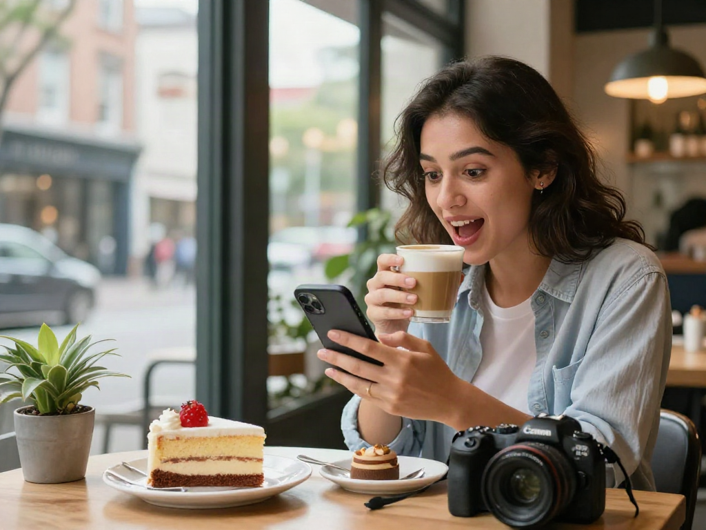 Young woman engaging with spicychat app in a cozy café, coffee and pastries around.