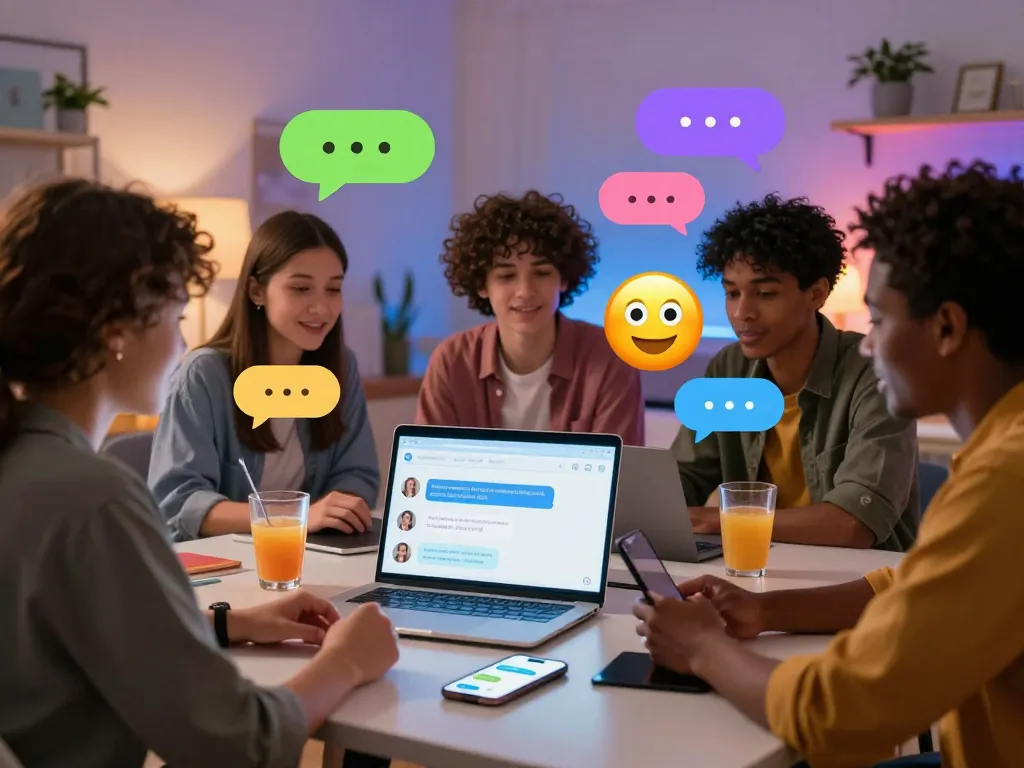 Engaging sexchat scene showing young adults enjoying playful conversations in a vibrant digital chat interface.