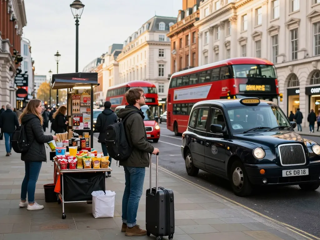 Taxi to London scene with traveler at taxi stand in bustling urban atmosphere.