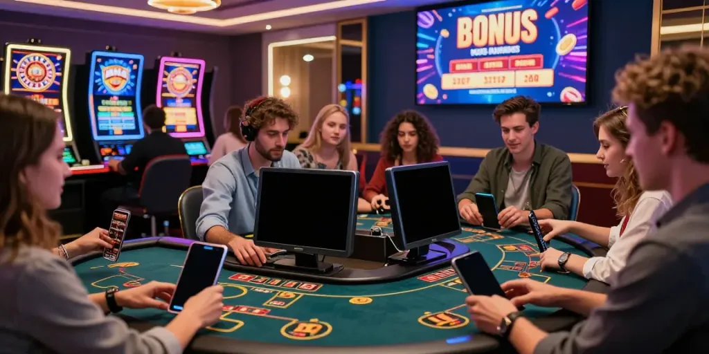Friends enjoying gaming at non Gamstop casino with colorful screens and excitement.