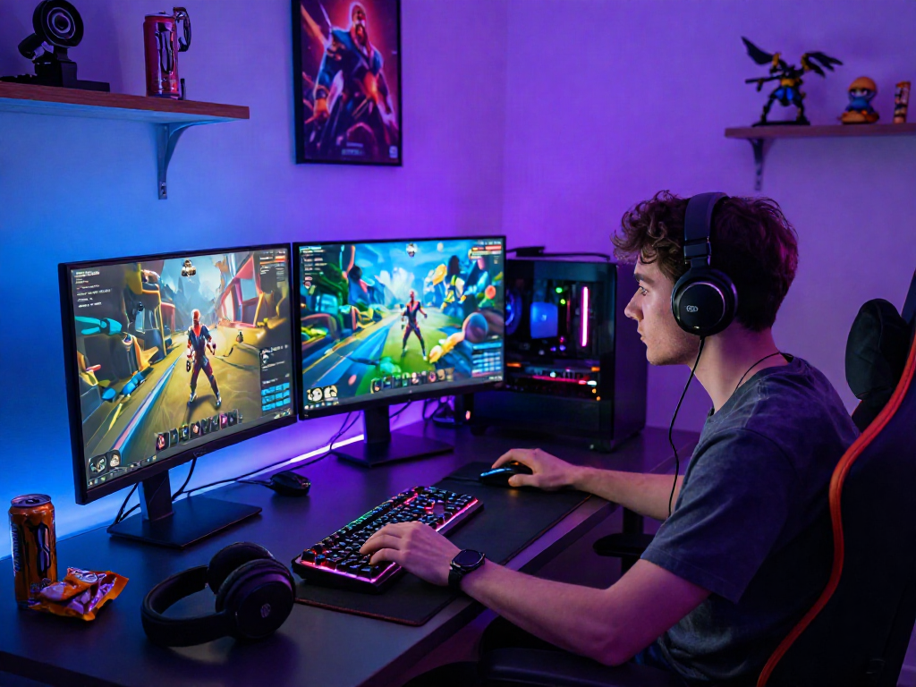 Gamer immersed in porngames on dual monitors with colorful RGB setup.