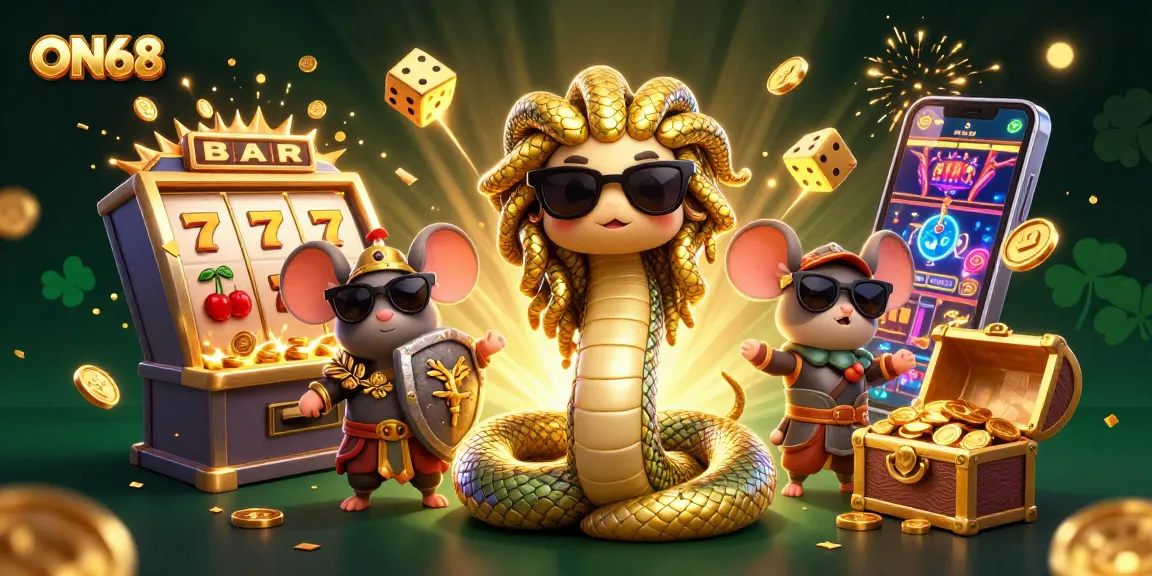 Spin to win at ON68! Experience a colorful jackpot explosion with Medusa, a warrior mouse, and dynamic casino elements.