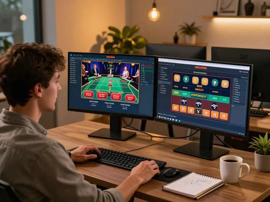 Player engaging in strategic online gaming at 23win with dual monitors and a cozy atmosphere.