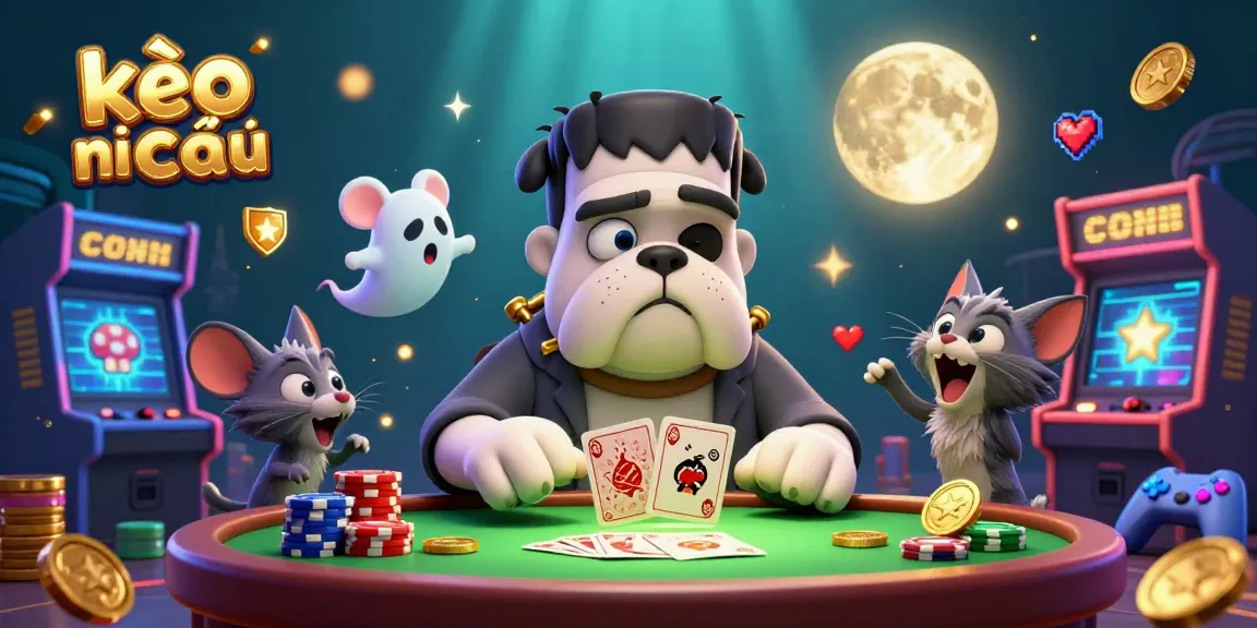 Engage with the lively world of kèo nhà cái as animated characters deal cards at a vibrant casino-inspired scene.