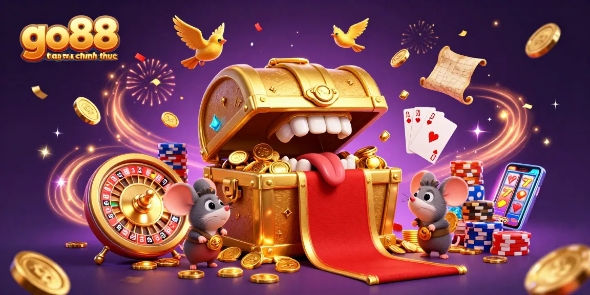 Engage in thrilling gameplay with go88 trang chu chinh thuc, featuring a treasure chest and lively casino elements.