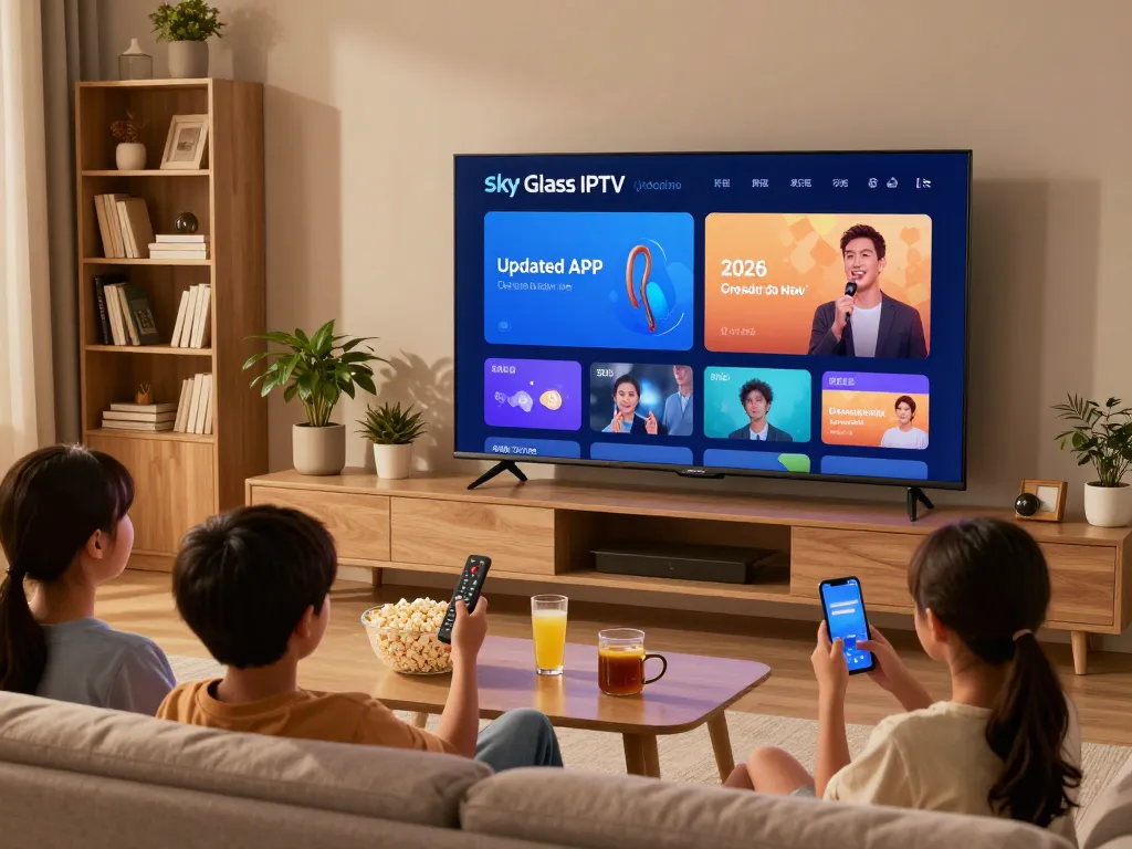 Sky Glass IPTV Updated APP 2026 displayed in a cozy living room with a family streaming on a smart TV, showcasing modern entertainment.
