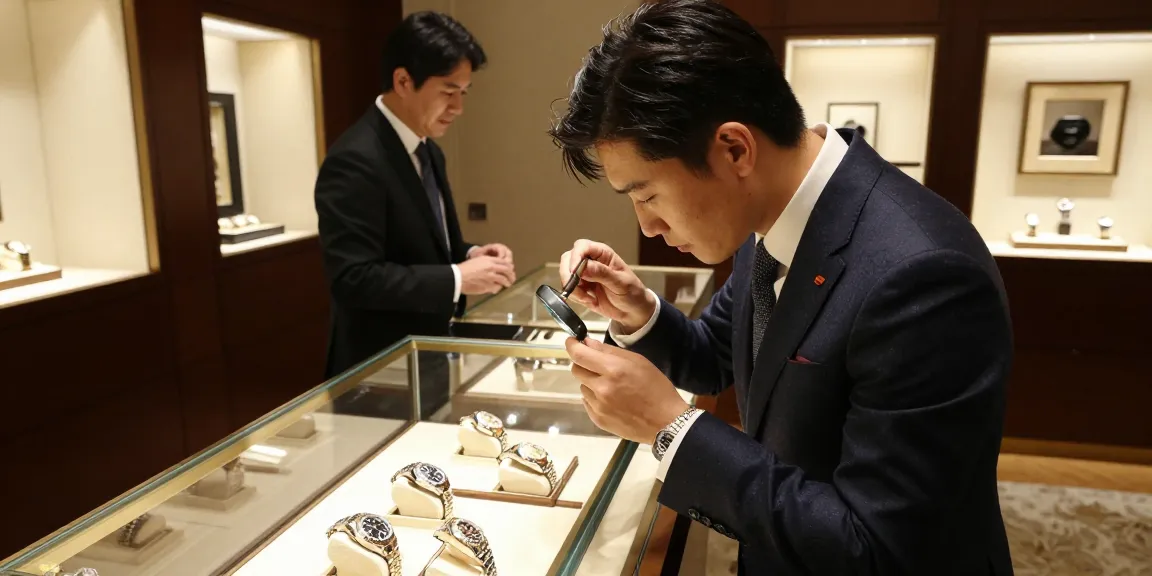 Examining a stylish Rolex replica in a luxury watch boutique with elegant decor and attentive service.