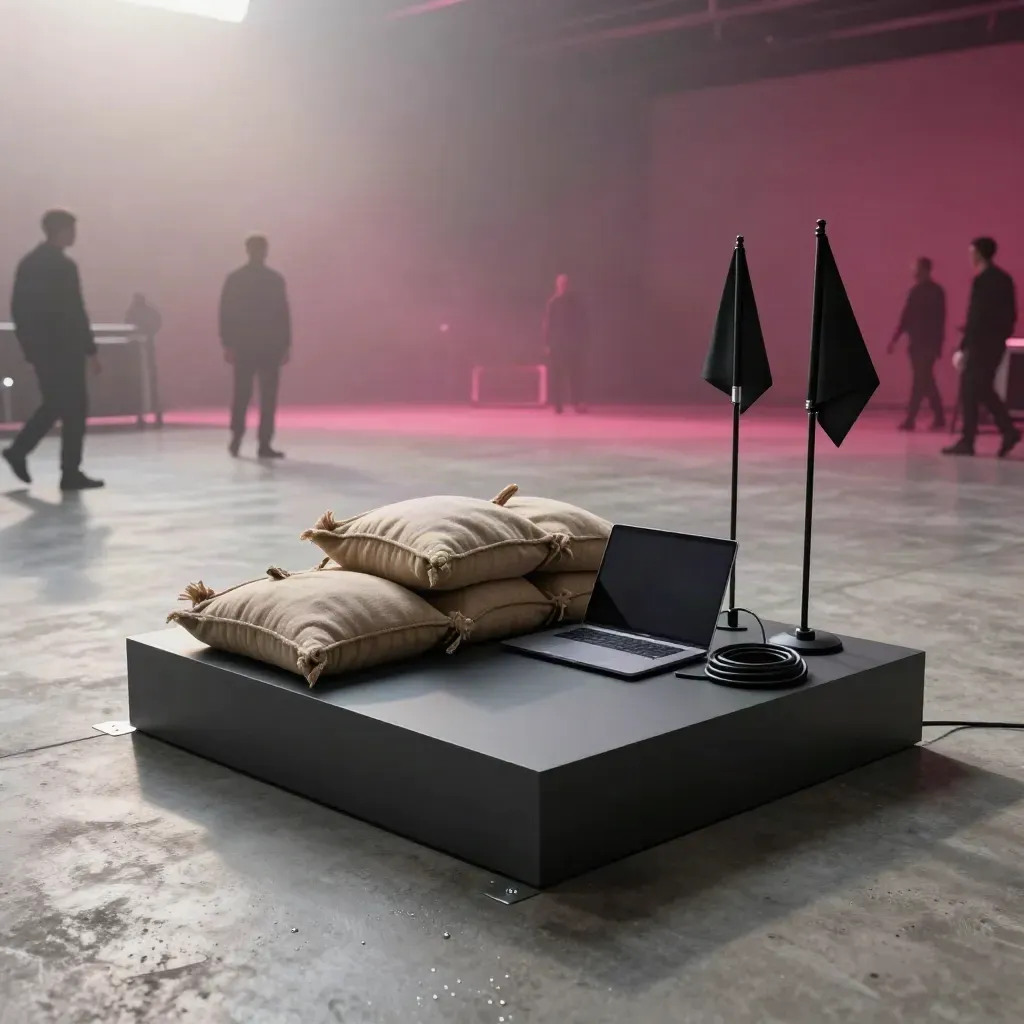 Misty launch set with plinth, closed laptop, sandbags and light flags in soft studio light.